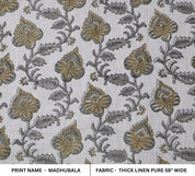 Hand Block Print Gray & Green Thick Linen Fabric - Madhubala