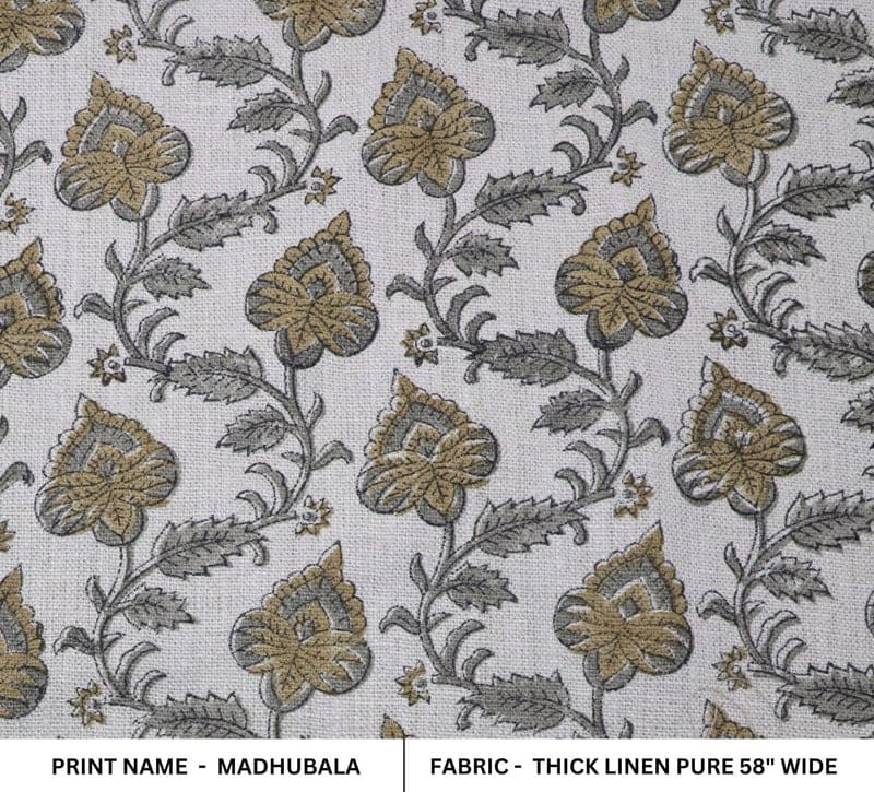 Hand Block Print Gray & Green Thick Linen Fabric - Madhubala