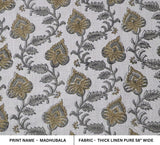 Hand Block Print Gray & Green Thick Linen Fabric - Madhubala