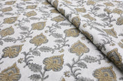 Hand Block Print Gray & Green Thick Linen Fabric - Madhubala