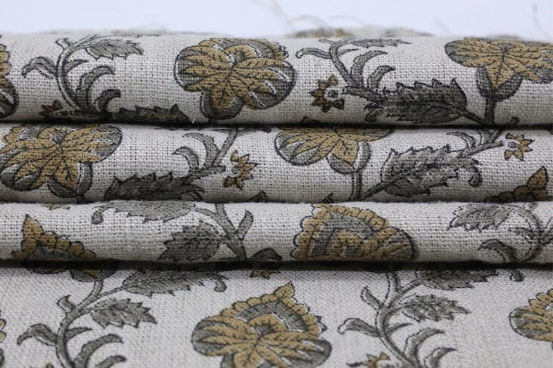 Hand Block Print Gray & Green Thick Linen Fabric - Madhubala