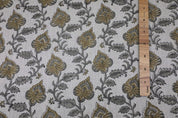 Hand Block Print Gray & Green Thick Linen Fabric - Madhubala