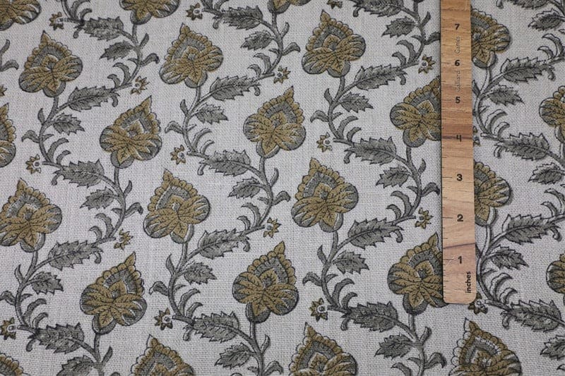 Hand Block Print Gray & Green Thick Linen Fabric - Madhubala