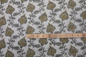 Hand Block Print Gray & Green Thick Linen Fabric - Madhubala