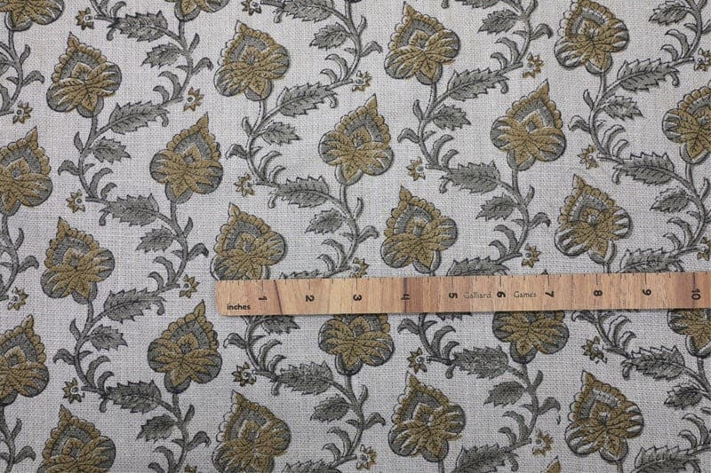 Hand Block Print Gray & Green Thick Linen Fabric - Madhubala