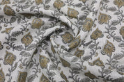 Hand Block Print Gray & Green Thick Linen Fabric - Madhubala
