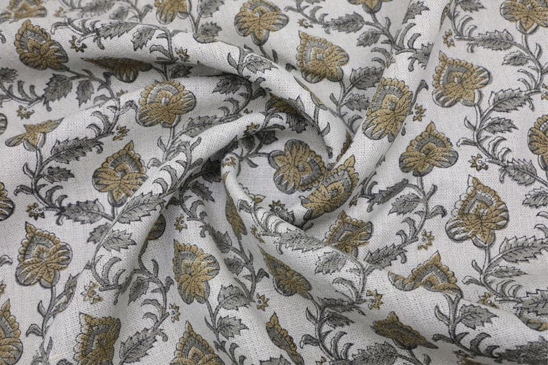 Hand Block Print Gray & Green Thick Linen Fabric - Madhubala