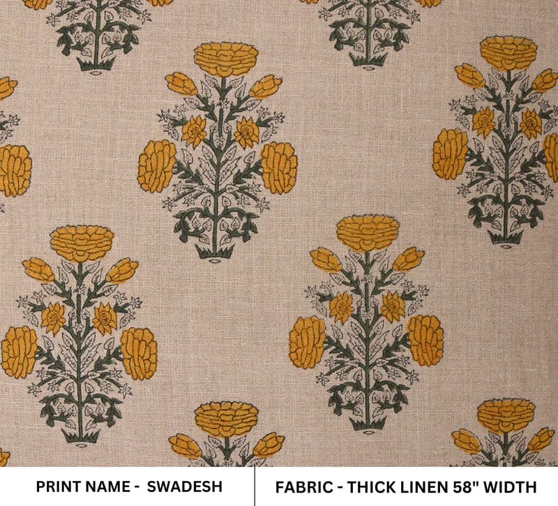 Hand Block Print Mustad & Green Thick Linen Fabric For Home - Swadesh
