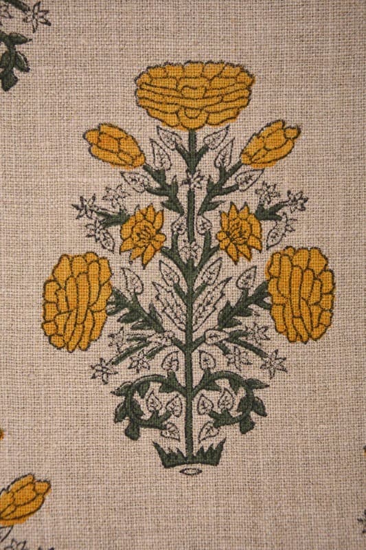 Hand Block Print Mustad & Green Thick Linen Fabric For Home - Swadesh