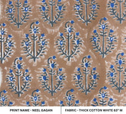 Hand Block Printed Blue and Brown Floral Fabric  - Neel Gagan