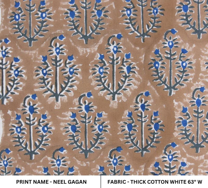 Hand Block Printed Blue and Brown Floral Fabric  - Neel Gagan