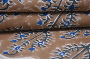 Hand Block Printed Blue and Brown Floral Fabric  - Neel Gagan