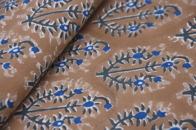 Hand Block Printed Blue and Brown Floral Fabric  - Neel Gagan