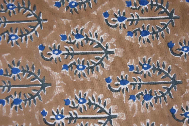 Hand Block Printed Blue and Brown Floral Fabric  - Neel Gagan