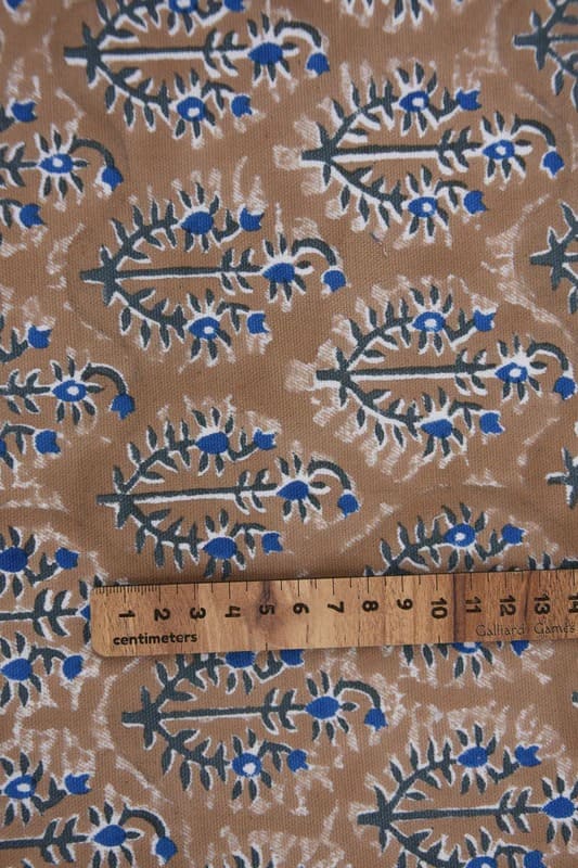 Hand Block Printed Blue and Brown Floral Fabric  - Neel Gagan