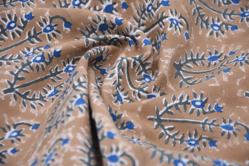 Hand Block Printed Blue and Brown Floral Fabric  - Neel Gagan