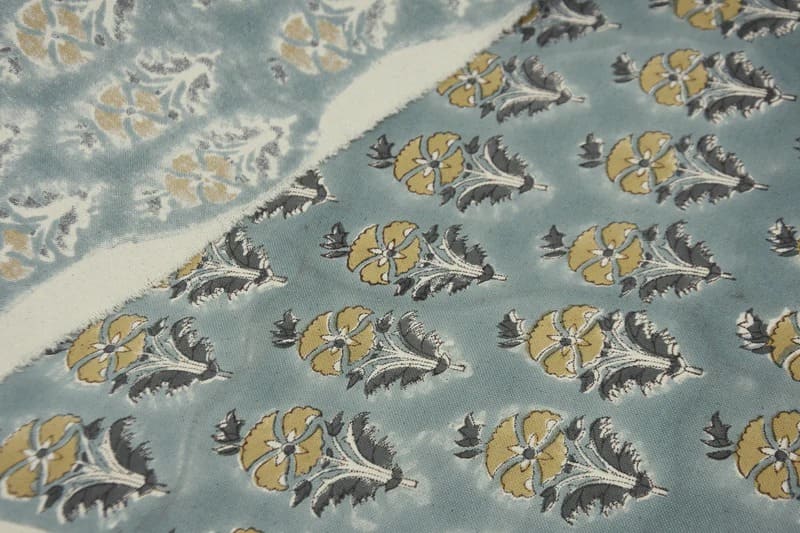 Hand Block Printed Gray & Green Canvas Fabric - Mormukut