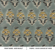 Hand Block Printed Gray & Green Canvas Fabric - Mormukut