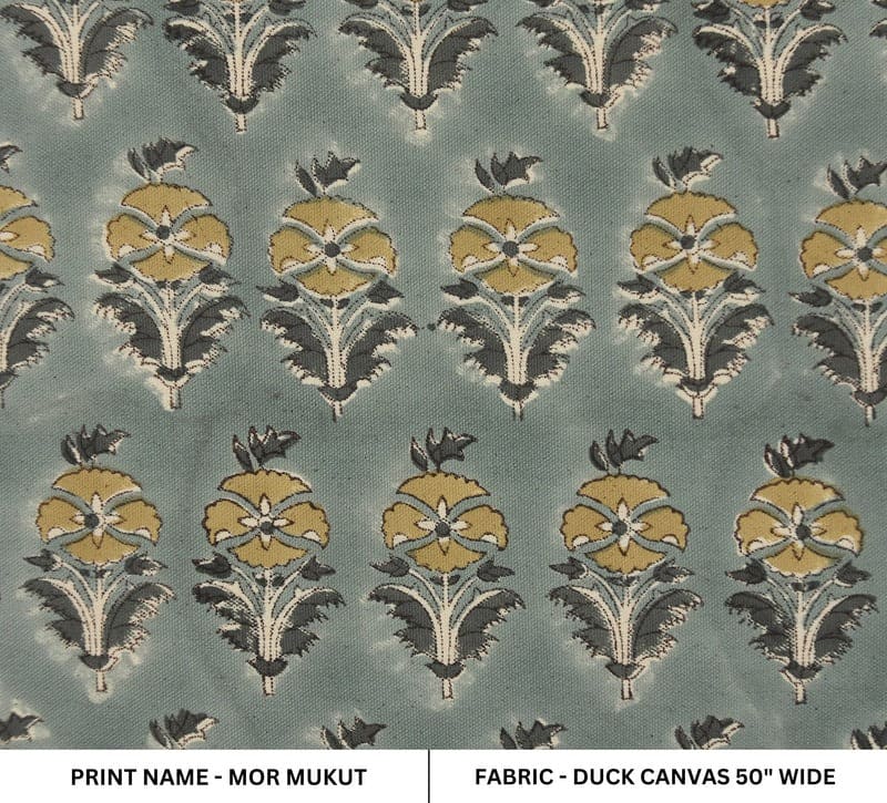 Hand Block Printed Gray & Green Canvas Fabric - Mormukut