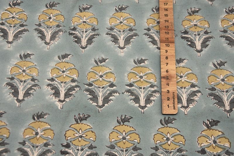 Hand Block Printed Gray & Green Canvas Fabric - Mormukut