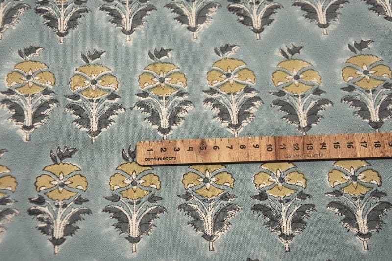 Hand Block Printed Gray & Green Canvas Fabric - Mormukut