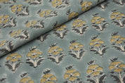 Hand Block Printed Gray & Green Canvas Fabric - Mormukut