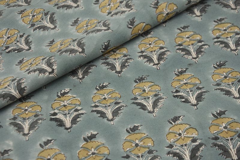 Hand Block Printed Gray & Green Canvas Fabric - Mormukut