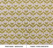 Hand Block Printed Gray & Green Linen Fabric - Madhuvan