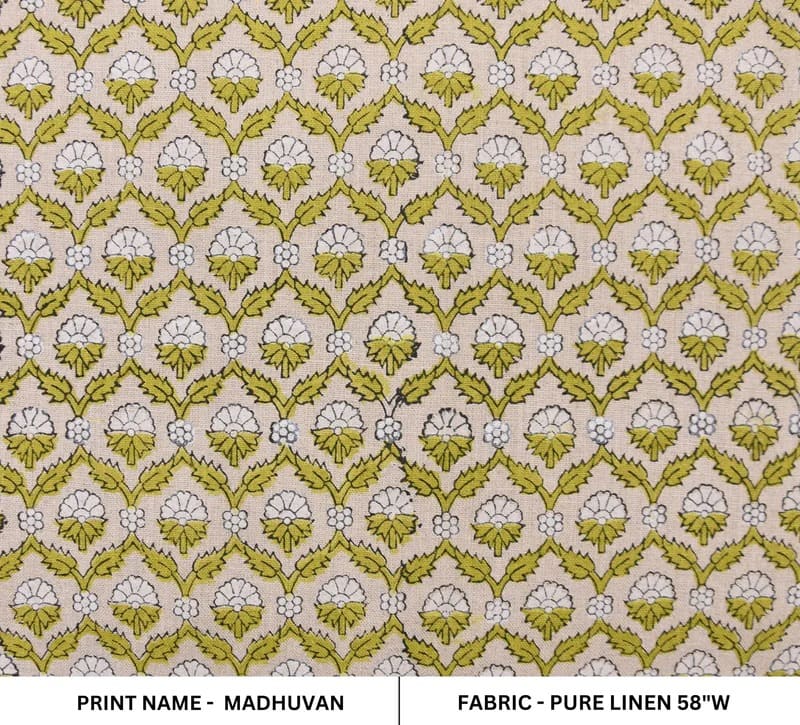 Hand Block Printed Gray & Green Linen Fabric - Madhuvan