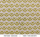 Hand Block Printed Gray & Green Linen Fabric - Madhuvan