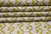 Hand Block Printed Gray & Green Linen Fabric - Madhuvan