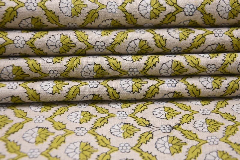 Hand Block Printed Gray & Green Linen Fabric - Madhuvan