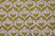 Hand Block Printed Gray & Green Linen Fabric - Madhuvan