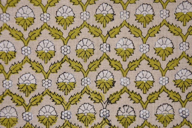 Hand Block Printed Gray & Green Linen Fabric - Madhuvan