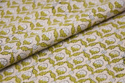 Hand Block Printed Gray & Green Linen Fabric - Madhuvan