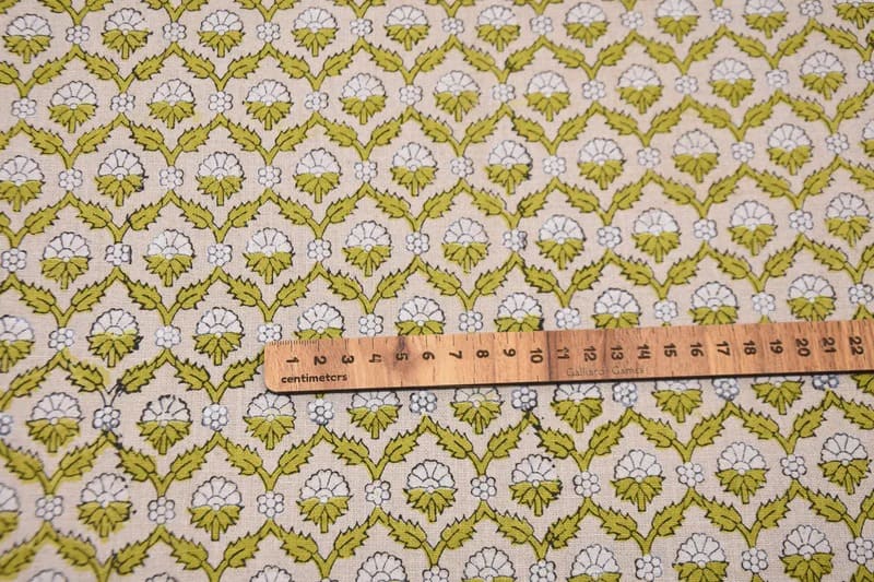 Hand Block Printed Gray & Green Linen Fabric - Madhuvan