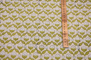 Hand Block Printed Gray & Green Linen Fabric - Madhuvan