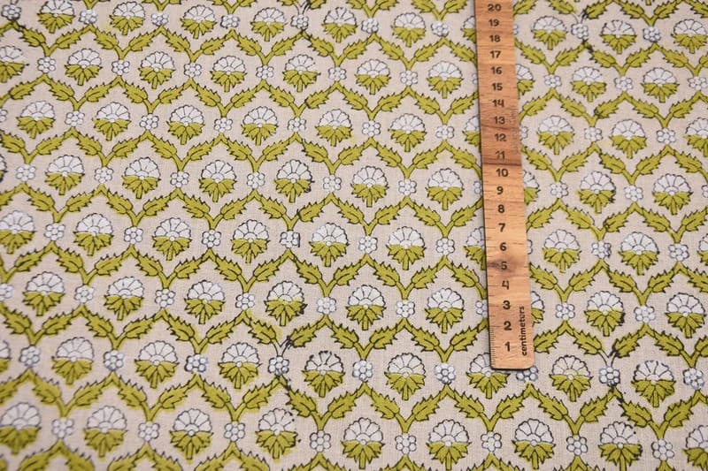 Hand Block Printed Gray & Green Linen Fabric - Madhuvan