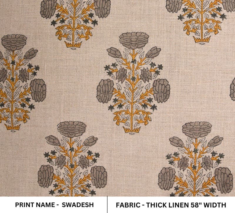 Hand Block Printed Gray & Mustard Linen Fabric - Swadesh