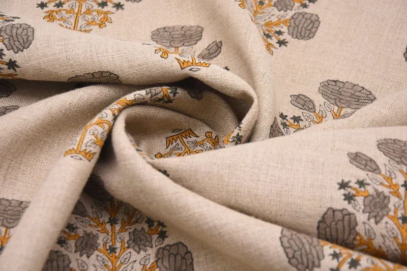 Hand Block Printed Gray & Mustard Linen Fabric - Swadesh