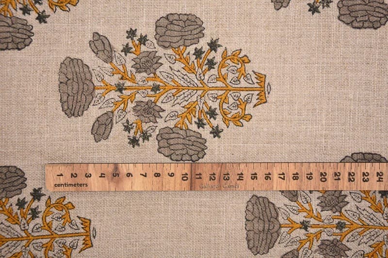 Hand Block Printed Gray & Mustard Linen Fabric - Swadesh