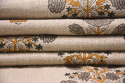 Hand Block Printed Gray & Mustard Linen Fabric - Swadesh