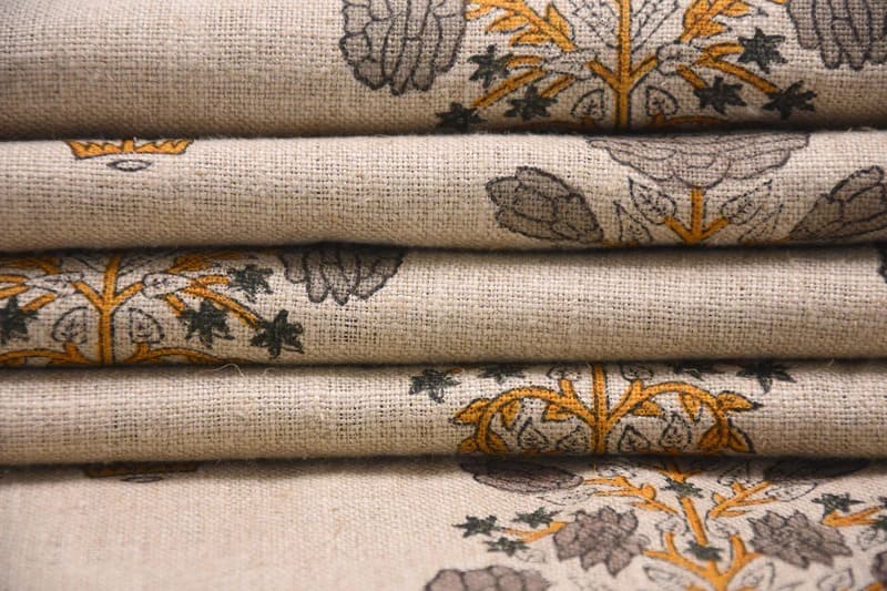Hand Block Printed Gray & Mustard Linen Fabric - Swadesh