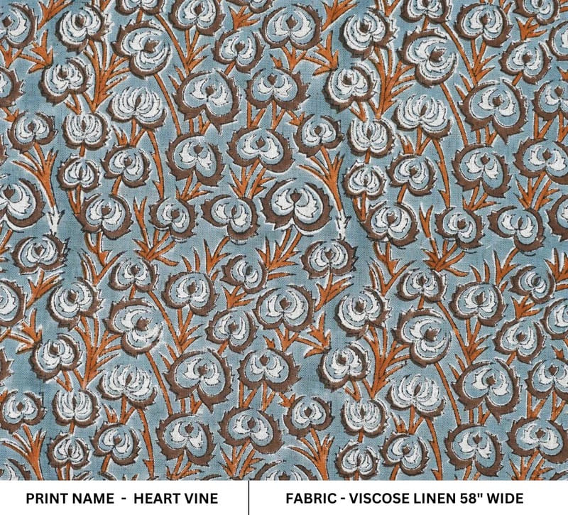 Hand Block Grey Brown Floral Viscose Linen Fabric - Heart Vine