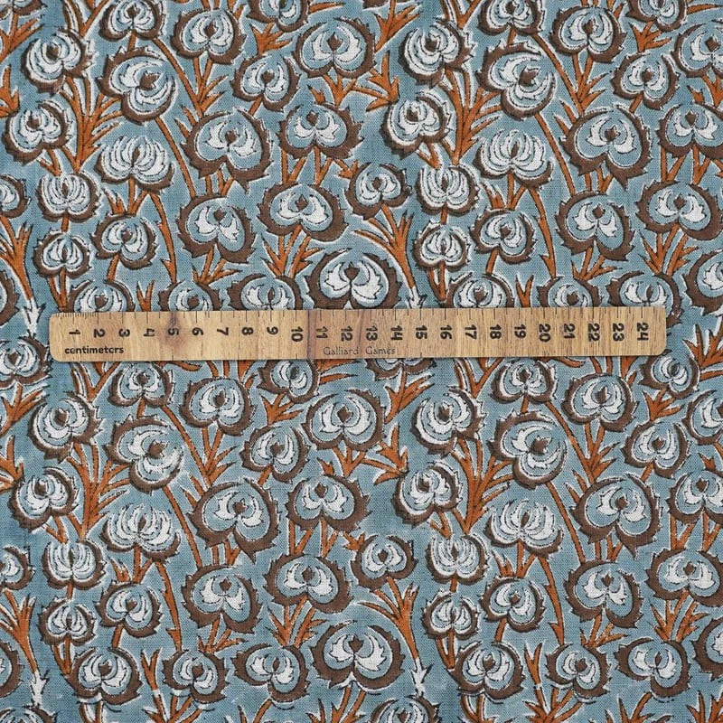 Hand Block Grey Brown Floral Viscose Linen Fabric - Heart Vine