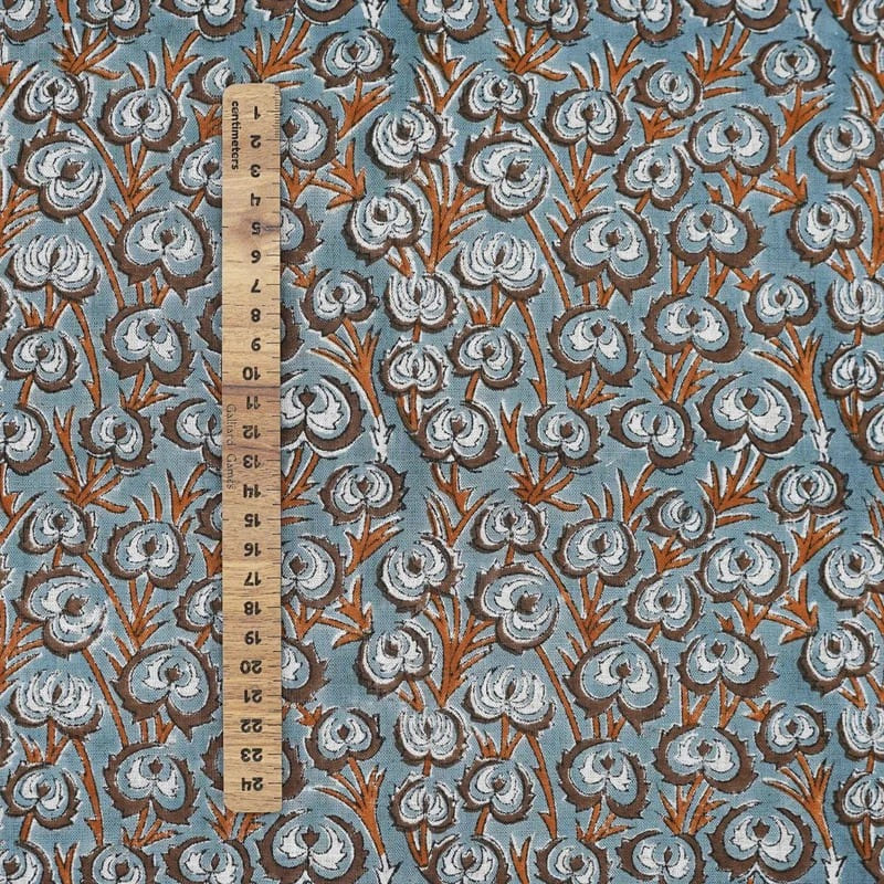 Hand Block Grey Brown Floral Viscose Linen Fabric - Heart Vine