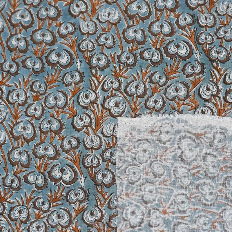 Hand Block Grey Brown Floral Viscose Linen Fabric - Heart Vine