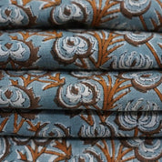 Hand Block Grey Brown Floral Viscose Linen Fabric - Heart Vine