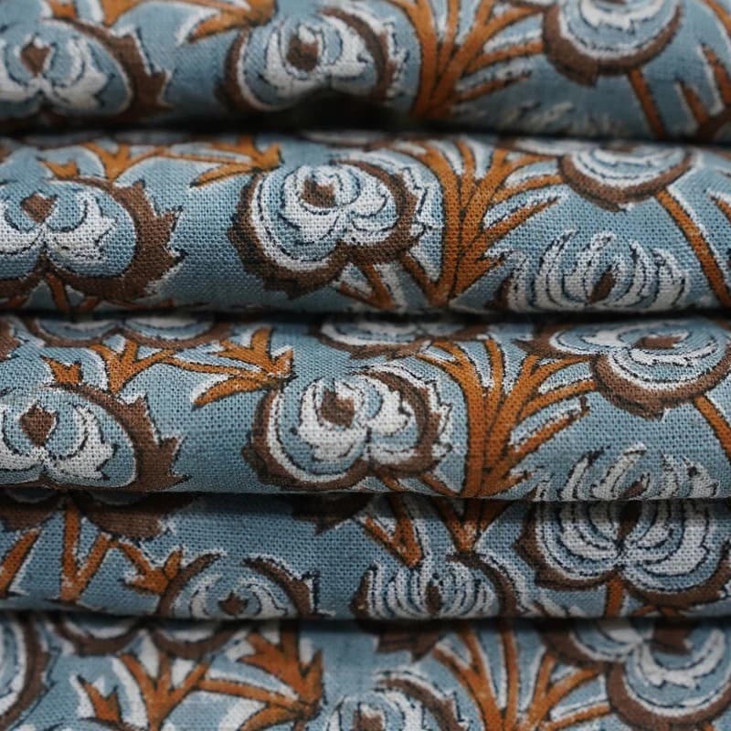 Hand Block Grey Brown Floral Viscose Linen Fabric - Heart Vine