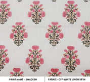 Hand Block Print Pink & Green Off-White Linen Fabric - Swadesh Indian